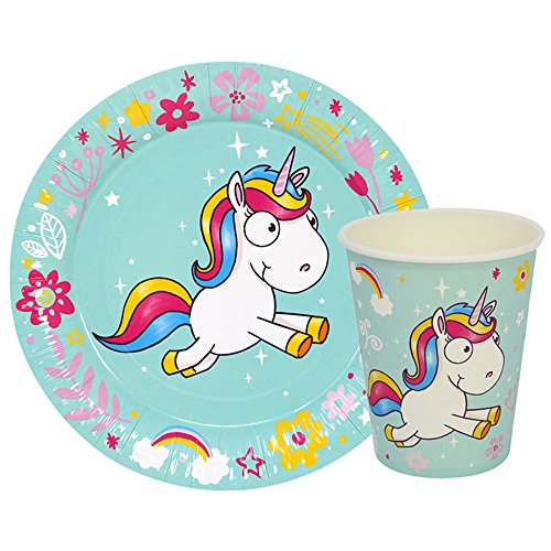 com-four® Juego de Vajilla para Fiesta Unicorn de 56 Piezas con Motivos de Unicornio para 24 Personas, Platos de Papel y Vasos de Papel para Niños (56 Piezas Amarillo / Rosa / Turquesa / Blanco)