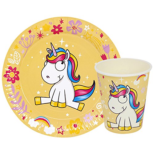 com-four® Juego de Vajilla para Fiesta Unicorn de 56 Piezas con Motivos de Unicornio para 24 Personas, Platos de Papel y Vasos de Papel para Niños (56 Piezas Amarillo / Rosa / Turquesa / Blanco)