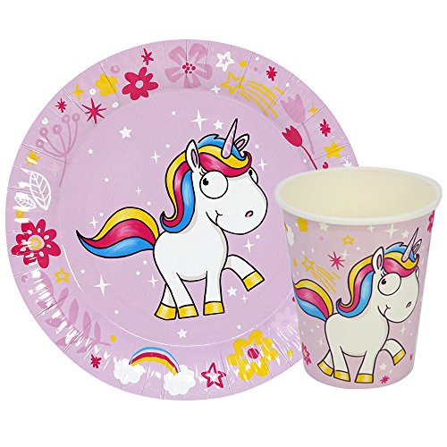 com-four® Juego de Vajilla para Fiesta Unicorn de 56 Piezas con Motivos de Unicornio para 24 Personas, Platos de Papel y Vasos de Papel para Niños (56 Piezas Amarillo / Rosa / Turquesa / Blanco)