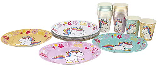 com-four® Juego de Vajilla para Fiesta Unicorn de 56 Piezas con Motivos de Unicornio para 24 Personas, Platos de Papel y Vasos de Papel para Niños (56 Piezas Amarillo / Rosa / Turquesa / Blanco)