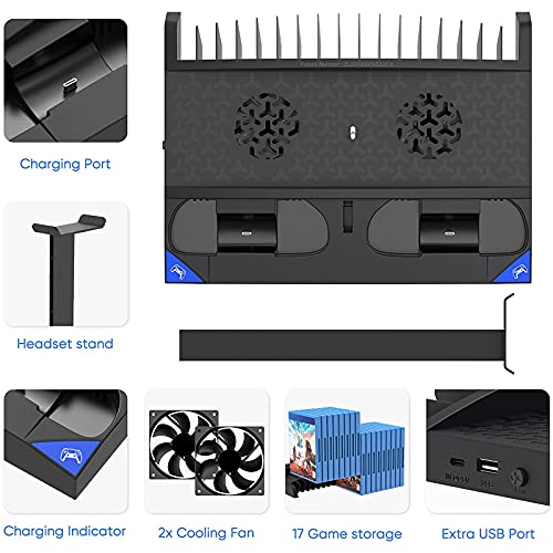 COMY Accesorios para Soporte de Consola PS5 con Ventilador de refrigeración y Base de Carga para Controlador PS5, Soporte Vertical Multifuncional con estación de Carga para Controlador