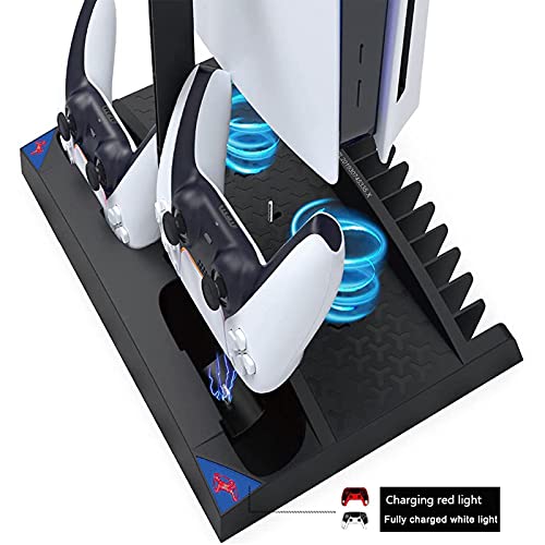 COMY Estación de Ventilador de refrigeración PS5, Soporte Vertical para Consola PS5, con Base de Carga para Cargador de Doble Controlador y Almacenamiento de 17 Juegos