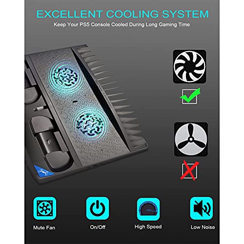 COMY Estación de Ventilador de refrigeración PS5, Soporte Vertical para Consola PS5, con Base de Carga para Cargador de Doble Controlador y Almacenamiento de 17 Juegos