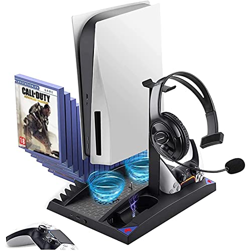 COMY Estación de Ventilador de refrigeración PS5, Soporte Vertical para Consola PS5, con Base de Carga para Cargador de Doble Controlador y Almacenamiento de 17 Juegos