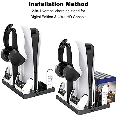 COMY Soporte de Carga Vertical con Ventilador de refrigeración para PS5 Digital Edition/Ultra HD, estación de Carga de Consola Playstation 5 con Soporte para Auriculares,Negro