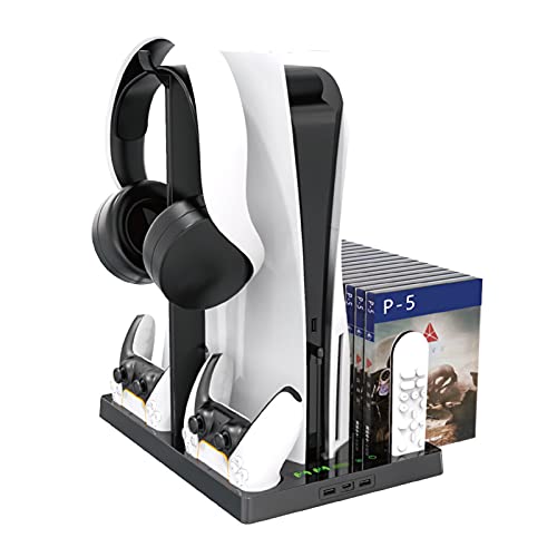 COMY Soporte de Carga Vertical con Ventilador de refrigeración para PS5 Digital Edition/Ultra HD, estación de Carga de Consola Playstation 5 con Soporte para Auriculares,Negro