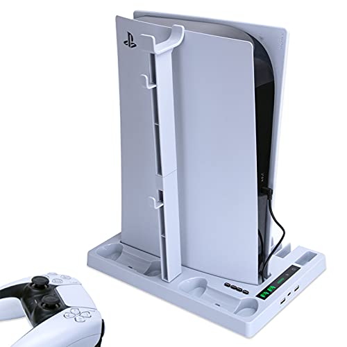 COMY Soporte Vertical de refrigeración para la Consola PS5 con Dos Puertos para el Mando, Cargador para Mando PS5, Compatible con la Consola Playstation 5 y la edición Digital,Blanco