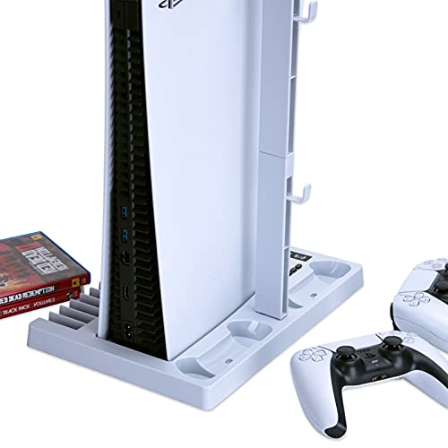 COMY Soporte Vertical de refrigeración para la Consola PS5 con Dos Puertos para el Mando, Cargador para Mando PS5, Compatible con la Consola Playstation 5 y la edición Digital,Blanco