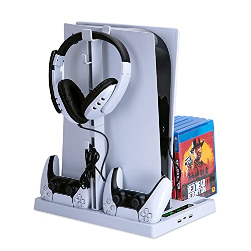 COMY Soporte Vertical de refrigeración para la Consola PS5 con Dos Puertos para el Mando, Cargador para Mando PS5, Compatible con la Consola Playstation 5 y la edición Digital,Blanco