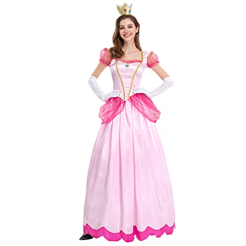 Conjunto Princess Peach Vestir Disfraz De Super Mario con Corona y Guantes Stage Ropa De Fiesta Adulta Queen para Ropa Femenina De Halloween Carnaval, Cosplay, Fiesta, Cumpleaños Rosado L