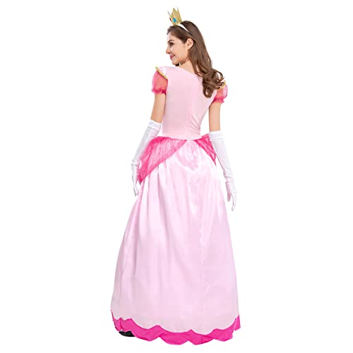 Conjunto Princess Peach Vestir Disfraz De Super Mario con Corona y Guantes Stage Ropa De Fiesta Adulta Queen para Ropa Femenina De Halloween Carnaval, Cosplay, Fiesta, Cumpleaños Rosado L