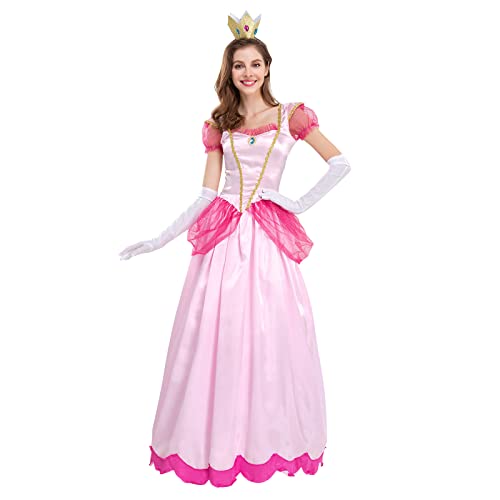 Conjunto Princess Peach Vestir Disfraz De Super Mario con Corona y Guantes Stage Ropa De Fiesta Adulta Queen para Ropa Femenina De Halloween Carnaval, Cosplay, Fiesta, Cumpleaños Rosado L