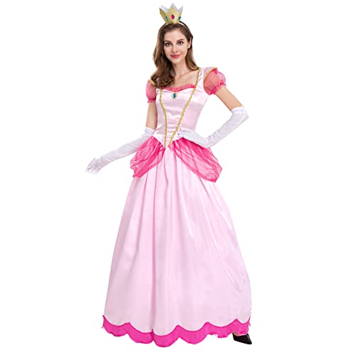 Conjunto Princess Peach Vestir Disfraz De Super Mario con Corona y Guantes Stage Ropa De Fiesta Adulta Queen para Ropa Femenina De Halloween Carnaval, Cosplay, Fiesta, Cumpleaños Rosado L