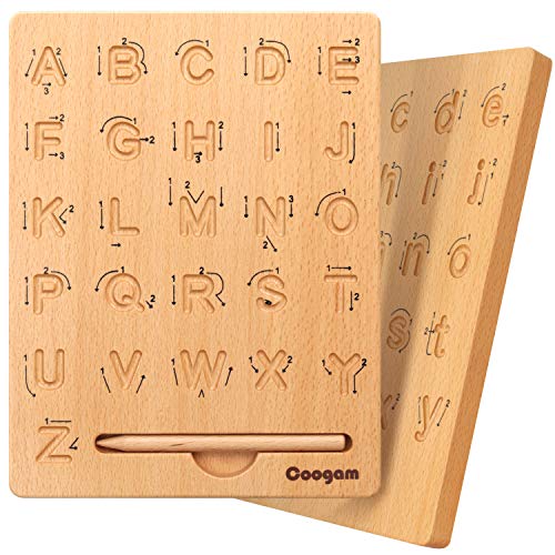 Coogam - Tablero de madera para trazar letras, doble cara, alfabeto, 123 números, cognición, Montessori, aprendizaje temprano, STEM, juguete preescolar, regalo para niños de 3 4 5 años