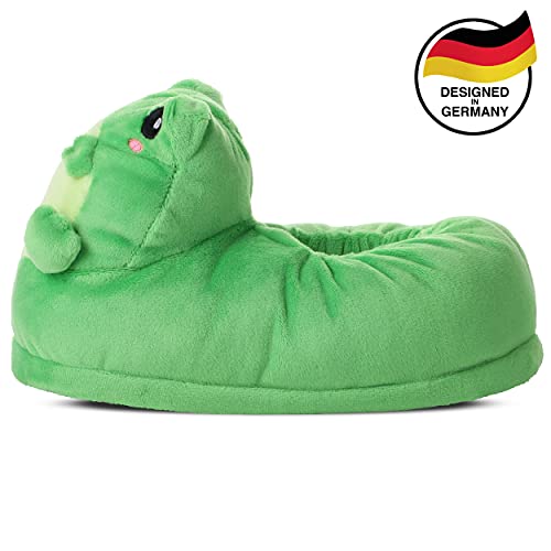 corimori - Eddy la rana, zapatillas de estar por casa de peluche, divertidas pantuflas de animales para niños y adultos, talla única 25 a 33,5, color verde