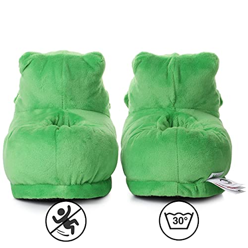 corimori - Eddy la rana, zapatillas de estar por casa de peluche, divertidas pantuflas de animales para niños y adultos, talla única 25 a 33,5, color verde