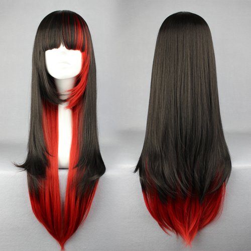 COSPLAZA peluca de Lolita color mixto Rojo y Negro, larga, pelo liso, para Cosplay