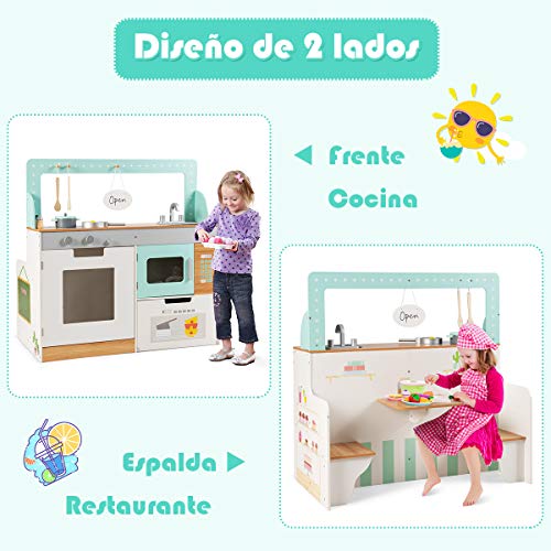 COSTWAY 2 en 1 Cocina de Juguete para Niños con Restaurante Juego de rol de Doble Cara Cocinita para Niños con Estufa, Microondas, Horno y Estantes de Almacenamiento