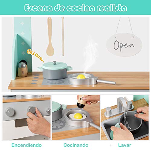 COSTWAY 2 en 1 Cocina de Juguete para Niños con Restaurante Juego de rol de Doble Cara Cocinita para Niños con Estufa, Microondas, Horno y Estantes de Almacenamiento