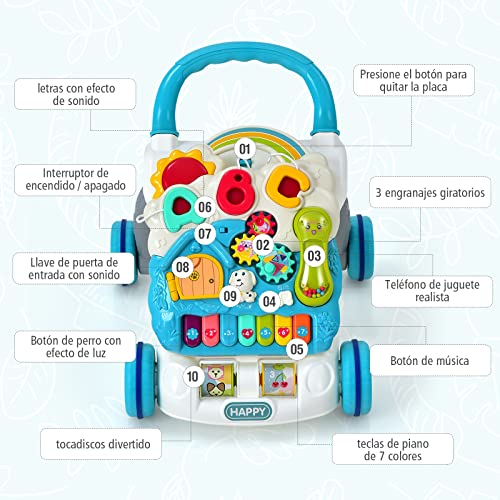 COSTWAY Andador Caminador, Caminador con Música y Luces, Centro Actividad Educativo con Panel de Juego Removible y Ruedas con Velocidad Regulable, Juguete de Empuje para Niños y Niñas