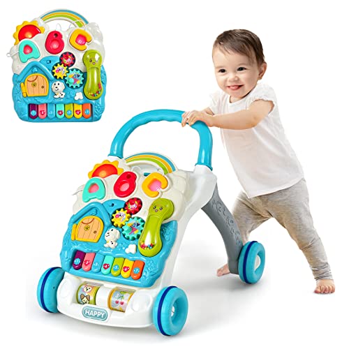 COSTWAY Andador Caminador, Caminador con Música y Luces, Centro Actividad Educativo con Panel de Juego Removible y Ruedas con Velocidad Regulable, Juguete de Empuje para Niños y Niñas