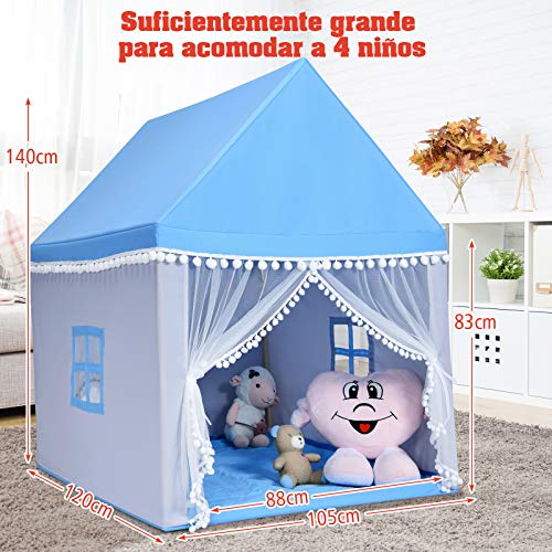 COSTWAY Casa de Juegos para Niños Tienda de Campaña para Niños Casita Infantil con Marco de Madera,Manta de Algodón y Techo Castillo Juguete para Niños 120x105x140 centímetros (Azul)