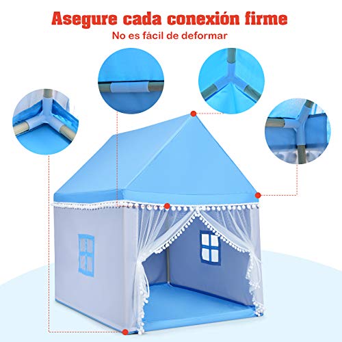 COSTWAY Casa de Juegos para Niños Tienda de Campaña para Niños Casita Infantil con Marco de Madera,Manta de Algodón y Techo Castillo Juguete para Niños 120x105x140 centímetros (Azul)