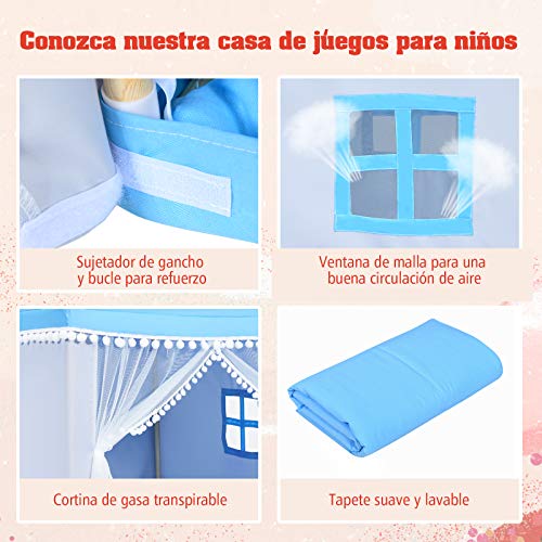 COSTWAY Casa de Juegos para Niños Tienda de Campaña para Niños Casita Infantil con Marco de Madera,Manta de Algodón y Techo Castillo Juguete para Niños 120x105x140 centímetros (Azul)