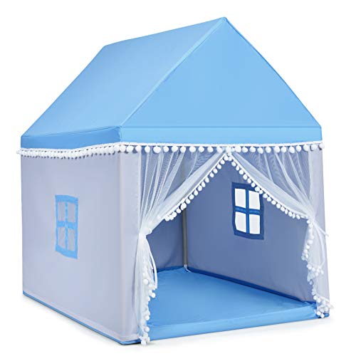 COSTWAY Casa de Juegos para Niños Tienda de Campaña para Niños Casita Infantil con Marco de Madera,Manta de Algodón y Techo Castillo Juguete para Niños 120x105x140 centímetros (Azul)