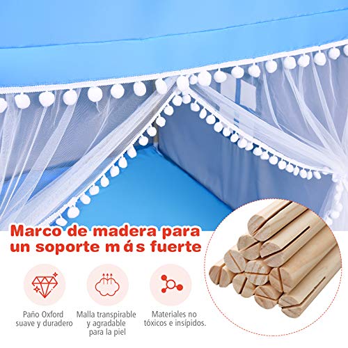 COSTWAY Casa de Juegos para Niños Tienda de Campaña para Niños Casita Infantil con Marco de Madera,Manta de Algodón y Techo Castillo Juguete para Niños 120x105x140 centímetros (Azul)