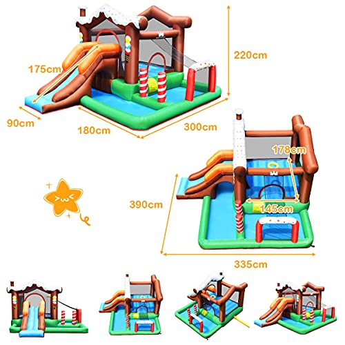 COSTWAY Casa Inflable, Castillo Inflable con Tobogán, Pared para Escalar, Red Protectora, Bolsa de Transporte, Aro de Baloncesto, Materiales Seguros, Divertirse Saltando