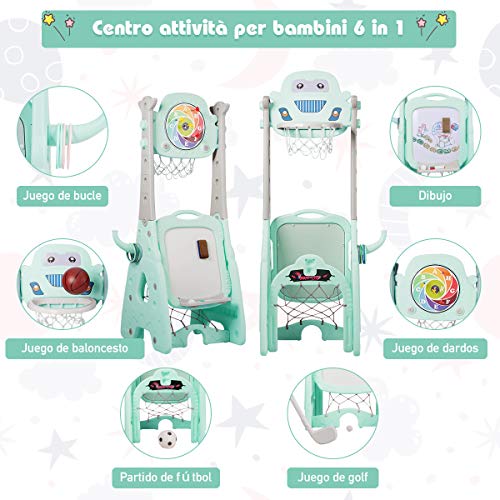 COSTWAY Centro Actividad para Niños con Taburete,Aro de Baloncesto Altura Ajustable,Portería de Fútbol, Juego de Lanzamiento, Golf, Tablero de Dibujo y Tablero de Dardos (Azul)