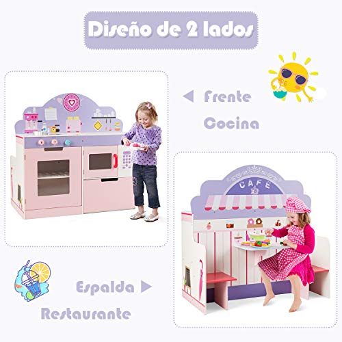 COSTWAY Cocina de Juguete para Niños con Restaurante Juego de rol de Doble Cara Cocinita para Niños con Estufa,Horno,Horno Microondas y Estantes de Almacenamiento