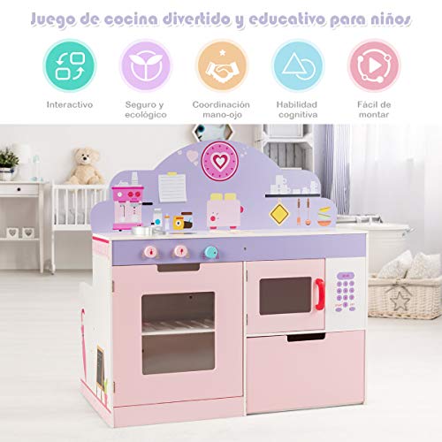 COSTWAY Cocina de Juguete para Niños con Restaurante Juego de rol de Doble Cara Cocinita para Niños con Estufa,Horno,Horno Microondas y Estantes de Almacenamiento