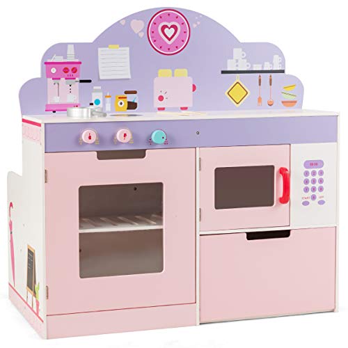 COSTWAY Cocina de Juguete para Niños con Restaurante Juego de rol de Doble Cara Cocinita para Niños con Estufa,Horno,Horno Microondas y Estantes de Almacenamiento