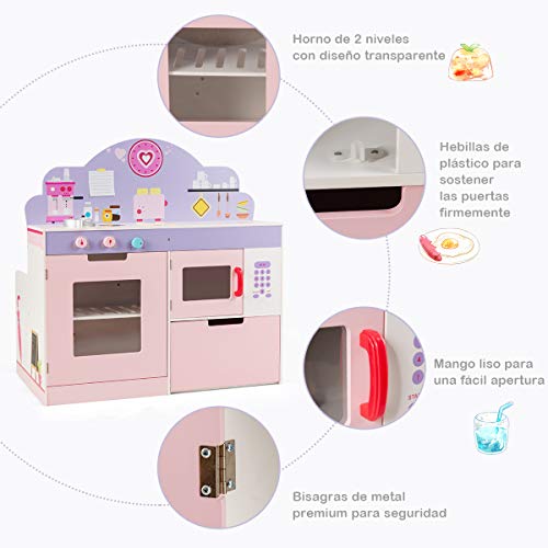 COSTWAY Cocina de Juguete para Niños con Restaurante Juego de rol de Doble Cara Cocinita para Niños con Estufa,Horno,Horno Microondas y Estantes de Almacenamiento