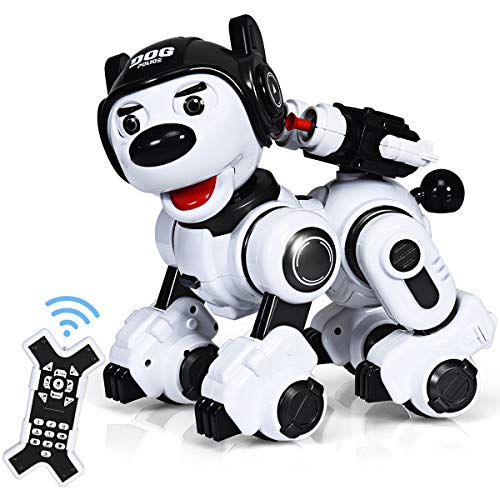 COSTWAY Robot de Perro para Niños Robot Inteligente con Control Remoto, Función de Música, Baile,Parpadeo,Disparo Juguete Interactivo (Negro)