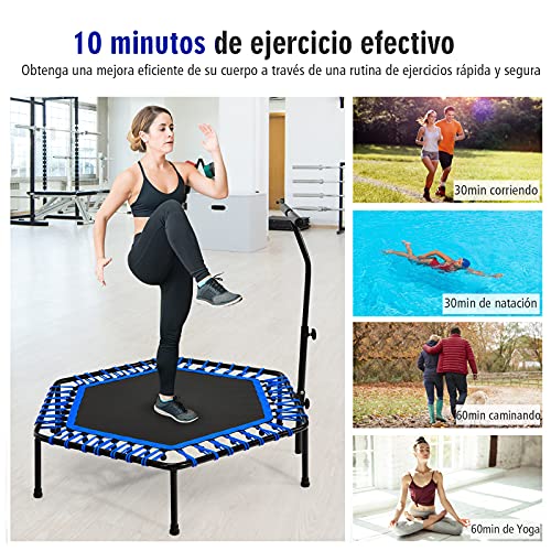 COSTWAY Tampolín Fitness Entrenamiento para Gimnasio, Cama Elástica Entrenamiento Cardio con Empuñadura Regulable, Cama Elástica Silenciosa Carga 150 kg (Azul)