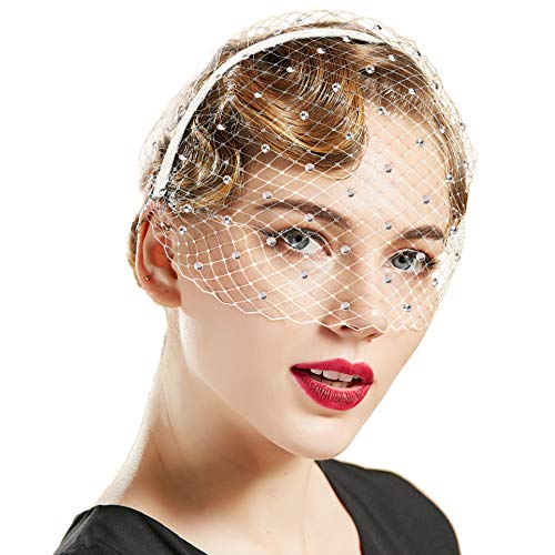 Coucoland Elegante tocado de los años 20 para mujer, diadema para boda, cóctel, fiesta, mística, diadema para mujer, Halloween, carnaval, accesorios (estilo 3 - blanco)