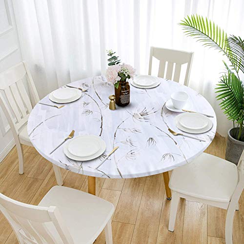 Cozomiz Mantel de Elástica Ajustada Protector de Mesa con Bordes Impermeable Cubierta de Mesa Resistente a Agua 120cm Corte Entallado Redondo Hojas Beige