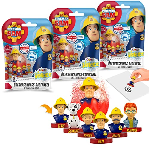 CRAZE- Pack 3 Bombas Infantiles de Sam el Bombero con Juguete Regalo Sorpresa figurita cuño. Lote de 3 Sales de Baño Espumosas para Bañera o Piscina de Niños con Olor a Fresa, Multicolor (29442)