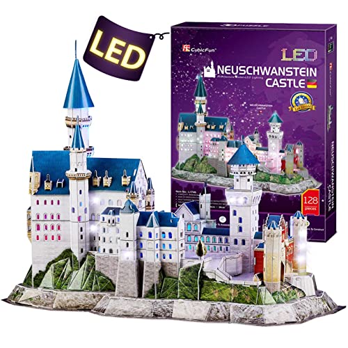 CubicFun Puzzle 3D LED Castillo de Neuschwanstein Alemania Arquitectura Famosa Kits de Edificio Modelo, Souvenir Decoración y Regalos para Adultos y Niños, 128 Piezas