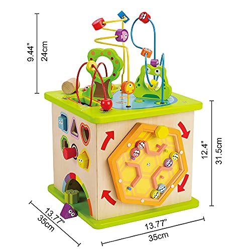 Cubo de Juego de Bichitos del Campo de Hape, Rompecabezas de Aprendizaje de Madera para Niños y Niñas, Centro de Actividades de 5 caras con Animales, Formas, Laberintos, Bolas de Madera