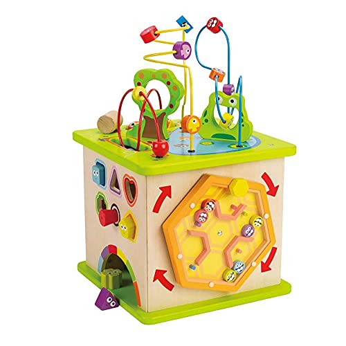 Cubo de Juego de Bichitos del Campo de Hape, Rompecabezas de Aprendizaje de Madera para Niños y Niñas, Centro de Actividades de 5 caras con Animales, Formas, Laberintos, Bolas de Madera