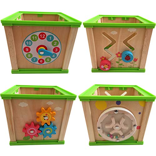 Cubo de madera 6 en 1 clasificador de formas, laberinto de cuentas, engranajes giratorios, reloj de enseñanza, buscador de caminos, rueda giratoria para niños pequeños de 18 meses +