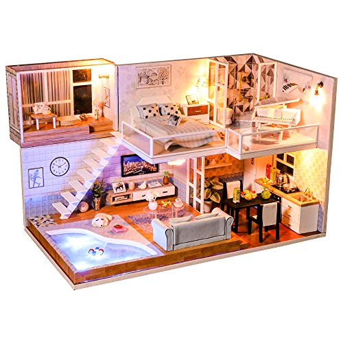 CUTEBEE Miniatura de la casa de muñecas con Muebles, Equipo de casa de muñecas de Madera DIY, más Resistente al Polvo y el Movimiento de música