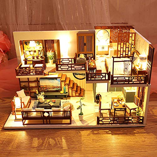 CUTEBEE Miniatura de la casa de muñecas con Muebles, Equipo de casa de muñecas de Madera DIY, más Resistente al Polvo y el Movimiento de música