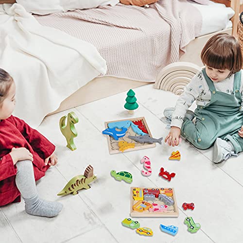 Cuteefun 3 Pack Puzzle de Madera para Niños 3 4 5 Años Montessori Vehículos Animales Marinos Puzzle Dinosaurios para Regalo de Niños y Niñas