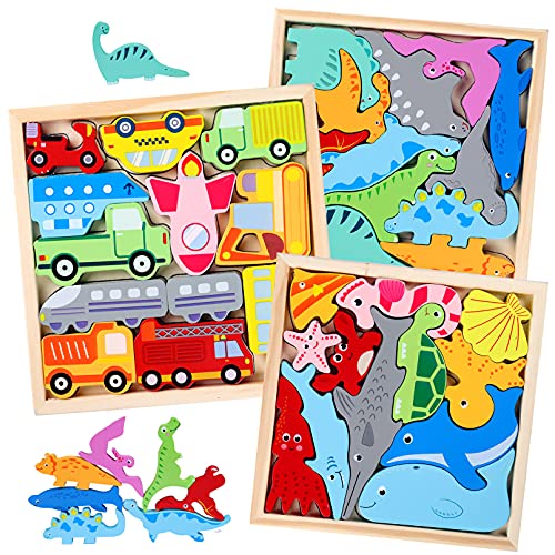 Cuteefun 3 Pack Puzzle de Madera para Niños 3 4 5 Años Montessori Vehículos Animales Marinos Puzzle Dinosaurios para Regalo de Niños y Niñas