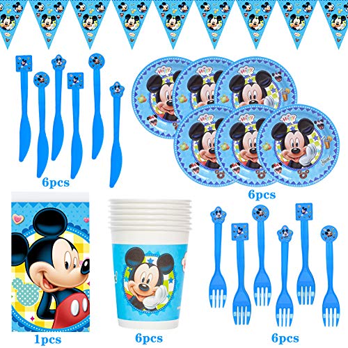 CYSJ 26PCS Set de Fiesta de cumpleaños de Mickey Disney Mickey Mouse Party Decoration Set para 6 Invitados Platos Tazas Servilletas Pack de Fiesta Mickey Mantel Sirve